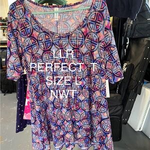 LuLaRoe Perfect T - Short Sleeve Top - Blue and Pink Geometric Design